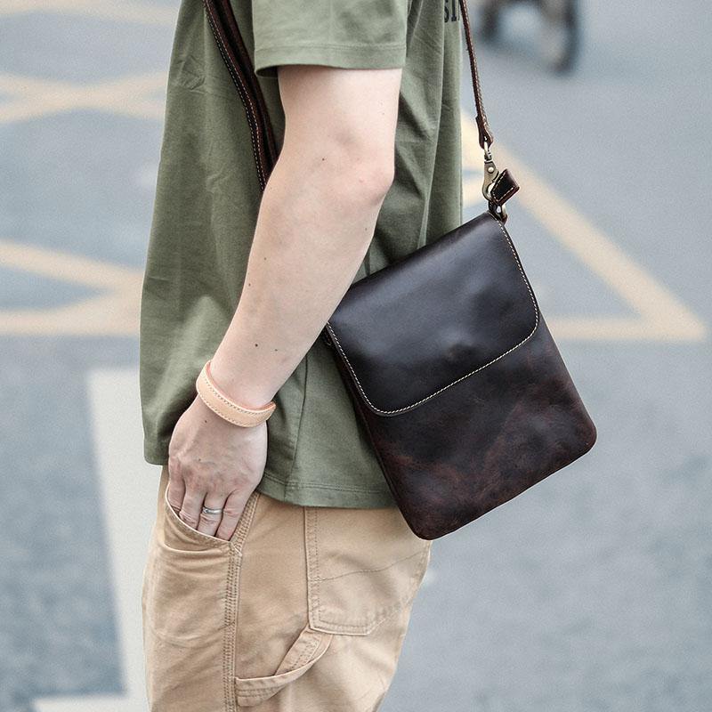 Casual Black Leather Mens Small Vertical Courier Bags Black Messenger Bags Brown Postman Bags For Men