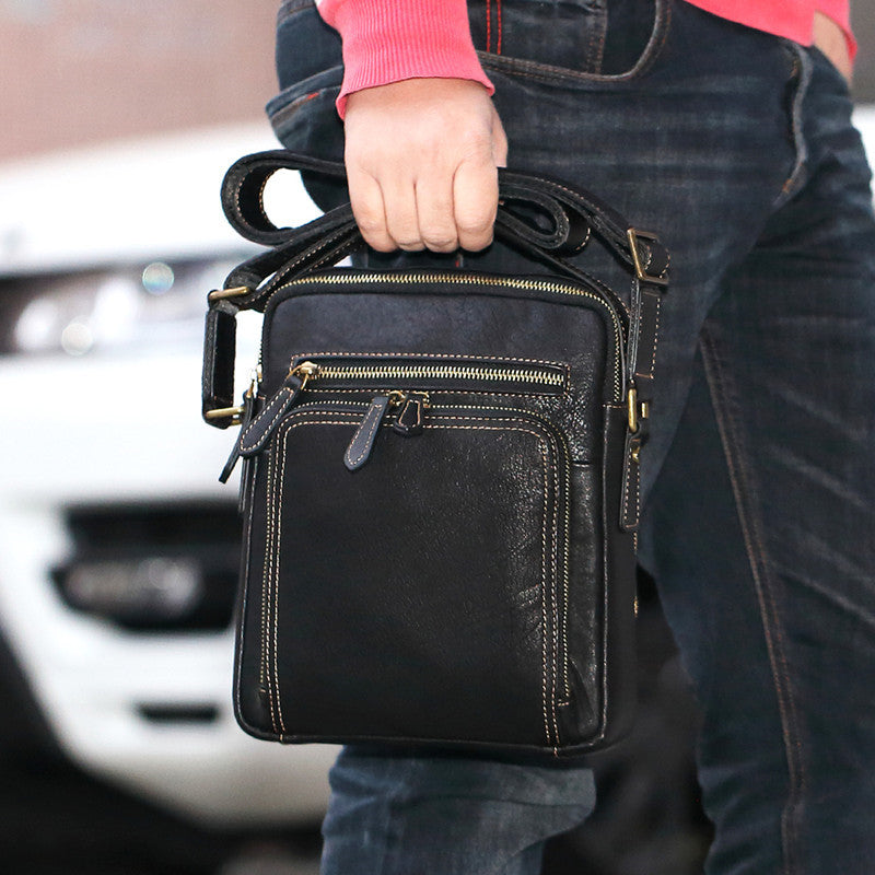 Fashion Black Leather Men's Tablet Shoulder Bag Small Vertical Side Bag Messenger Bag For Men