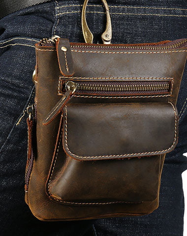 Cool Dark Brown Leather Mens Belt Pouch Mini Shoulder Bags Belt Bags For Men