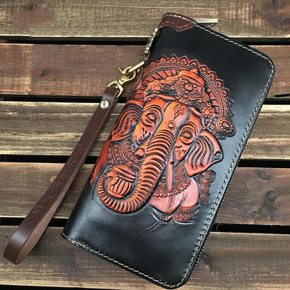 Black Handmade Tooled Ganasha Leather Long Biker Wallet Chain Wallet Clutch Wallet For Men