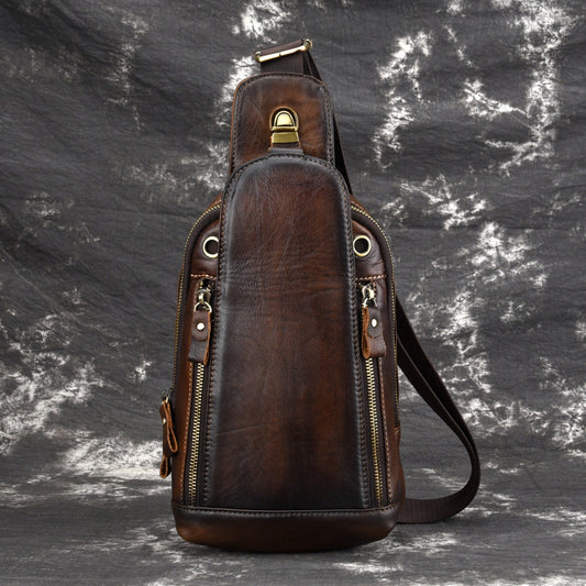 Vintage Tan Leather Men's Chest Bag One Shoulder Backpack Sling Bag For Men