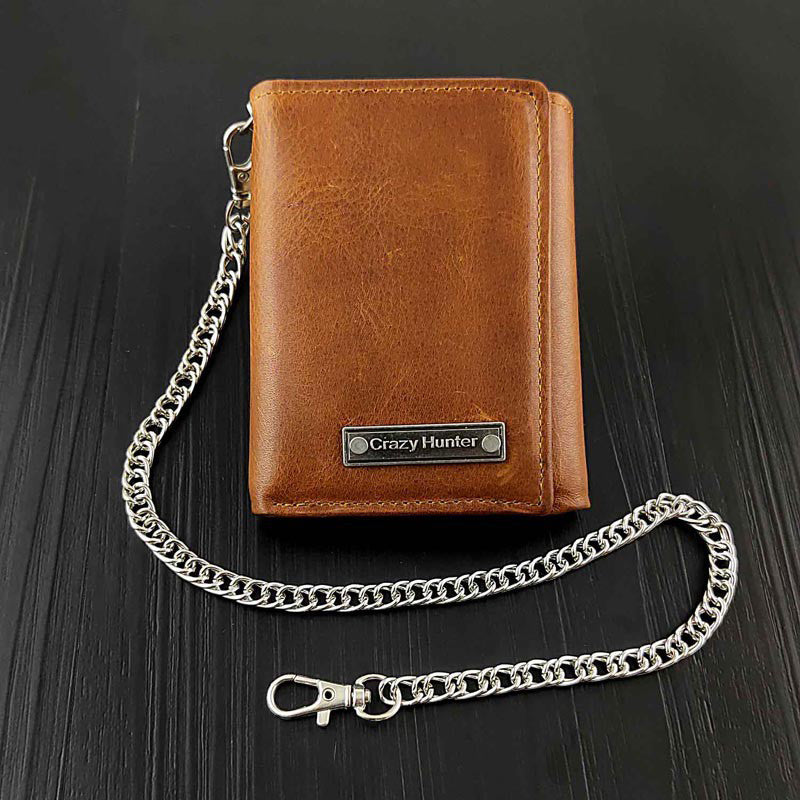 Mens Trifold Biker Wallet Brown Leather Chain Biker Wallet with Chain for Men