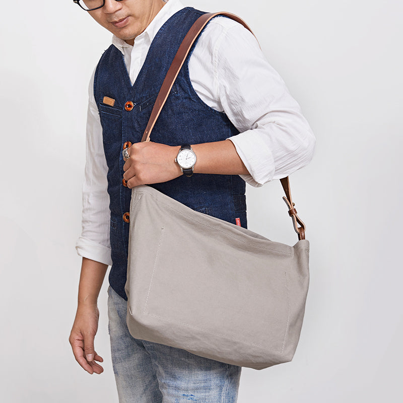 Cool Canvas Leather Mens Side Bag 14 inches Green Canvas Courier Bags Canvas Messenger Bag for Men