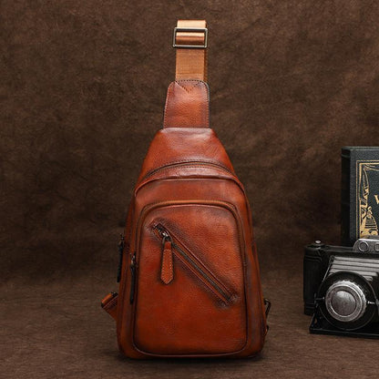 Vintage Brown Leather Men's Sling Bags Chest Bag Brown Sling Pack Sling Backpack For Men