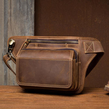 Cool Brown Leather Fanny Pack Mens Waist Bags Hip Pack Belt Bag Bumbags for Men