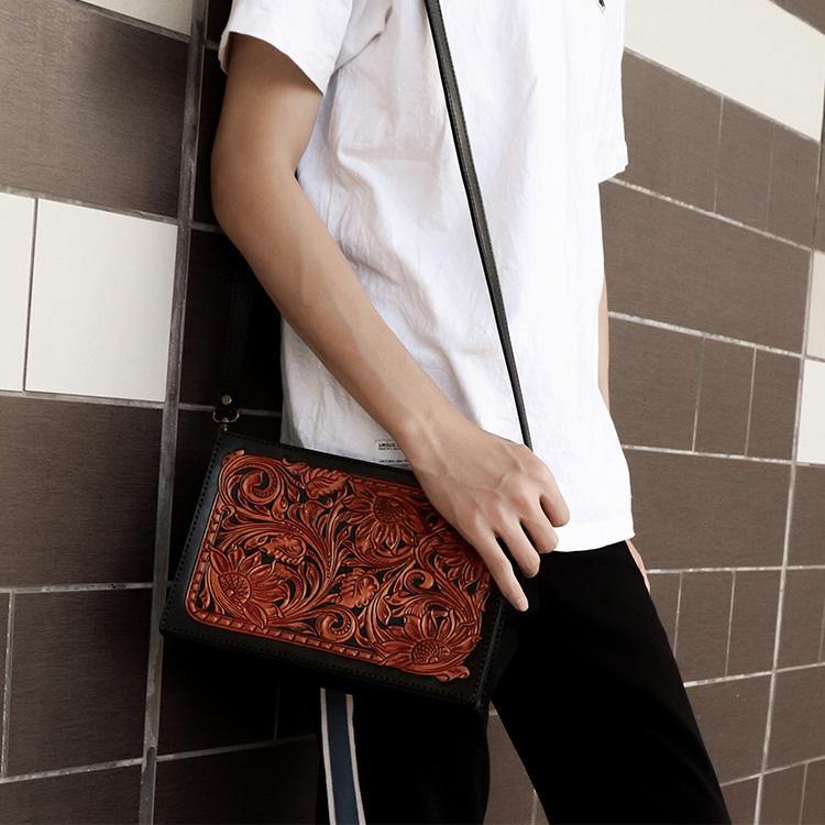 Handmade Black Tooled Floral Leather Messenger Bags Side Bag Clutch Wristlet Bag For Men