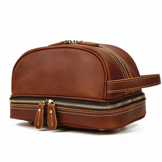 Brown Leather Men's Clutch Bag Double Zipped Wristlet Handbag Storage Bag For Men