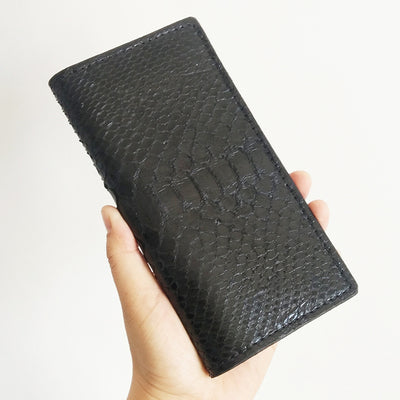 Handmade Cool Mens Black Snake Skin Long Wallet Yellow Slim Bifold Long Wallets For Men