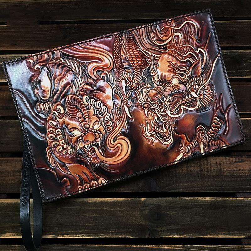 Black Handmade Tooled Leather Chinese Dragon Clutch Wallets Wristlet Bag Clutch Purse For Men