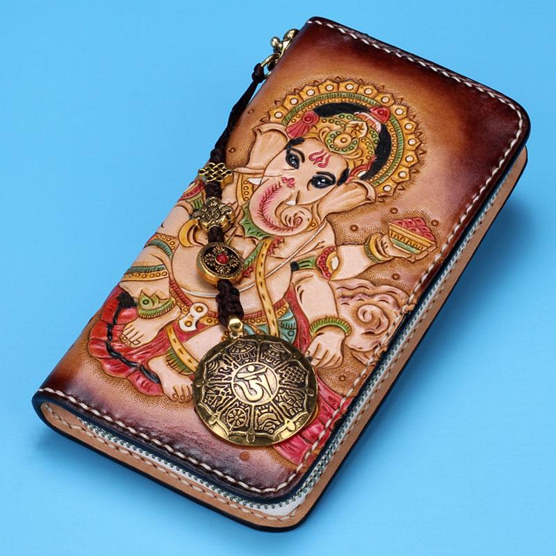 Handmade Leather Mens Clutch Wallet Cool Ganesha Tooled Wallet Long Zipper Wallets for Men