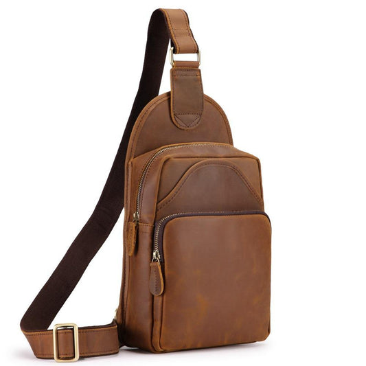 Vintage Brown Leather Men's Sling Bag Chest Bag 8-inches One shoulder Backpack For Men