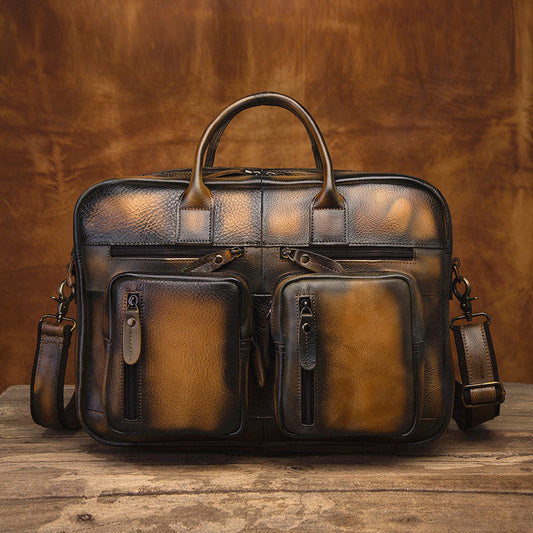 Vintage Brown Leather Men's Briefcase 14'' Computer Briefcase Professional Handbag For Men