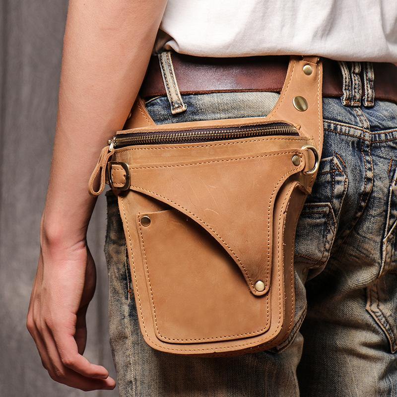 Cool Tan Men's Motorcycle Belt Pouch Belt Bag Leather Drop Leg Bag Waist Bag For Men