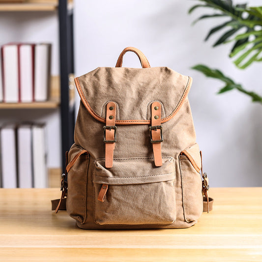 Cool Canvas Leather Mens Womens 13'' White Backpack Khaki Travel Backpack College Backpack  for Men