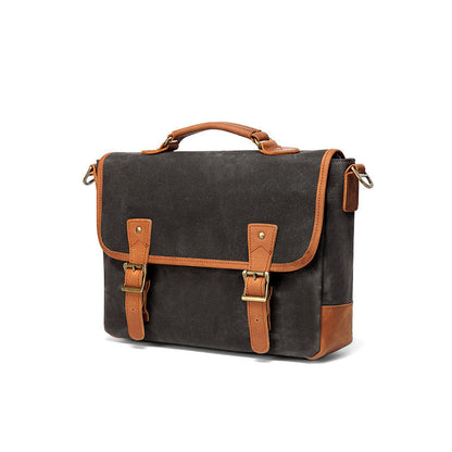 Dark Gray Waxed Canvas Leather Mens Briefcase Side Bag Messenger Bags Casual Courier Bag for Men