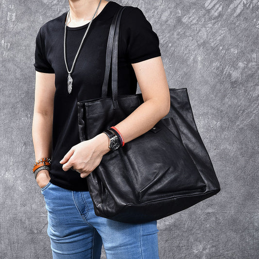 Leather Mens Womens 15' Large Shoulder Bag Black Tote Bag Large Side Bag Handbag For Men