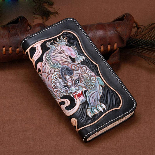 Handmade Leather Mens Clutch Wallet Cool Pixiu Tooled Wallet Long Zipper Wallets for Men