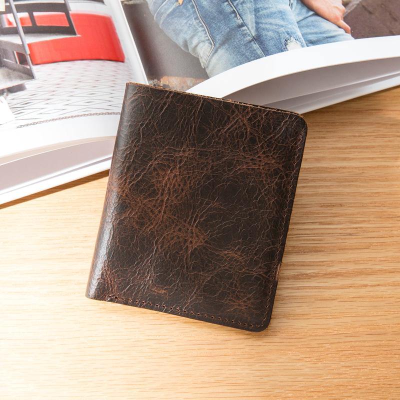 Dark Brown Leather Mens Small Wallets Bifold Vintage billfold Wallet Front Pocket Wallet for Men