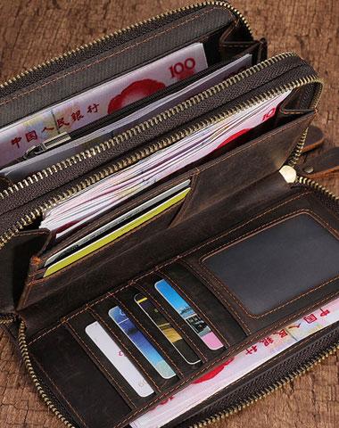 Cool Leather MensLong Wallet Double Zipper Clutch Wallet Wristlet Wallet