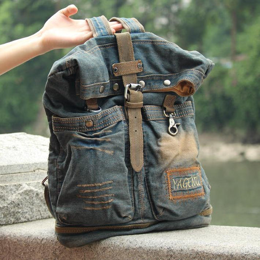 Denim Blue Mens Large Backpack School Backpacks Barrel Blue Large Jean Travel Backpack For Men