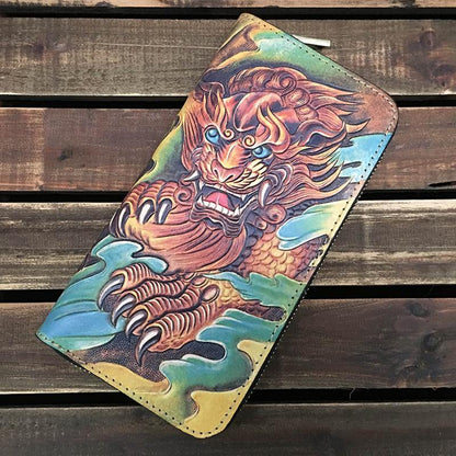 Black Handmade Tooled Tang Lion Leather Long Wallet Zipper Wallet Clutch Wallet For Men