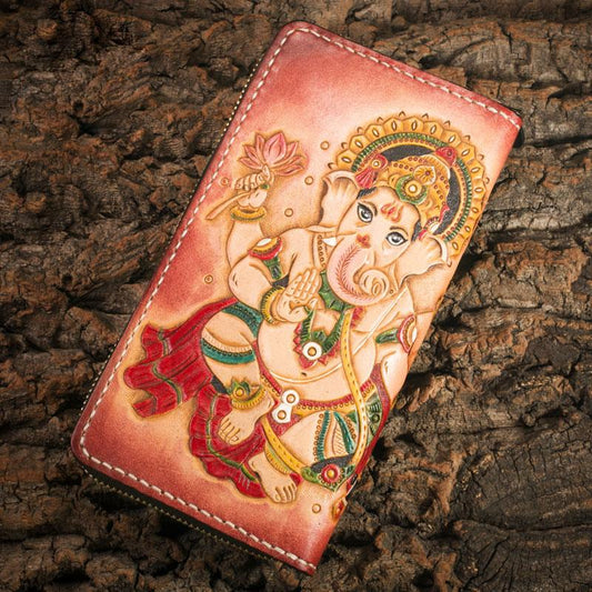 Handmade Leather Mens Clutch Wallet Tooled Cool Ganesha Wallet Long Zipper Wallets for Men