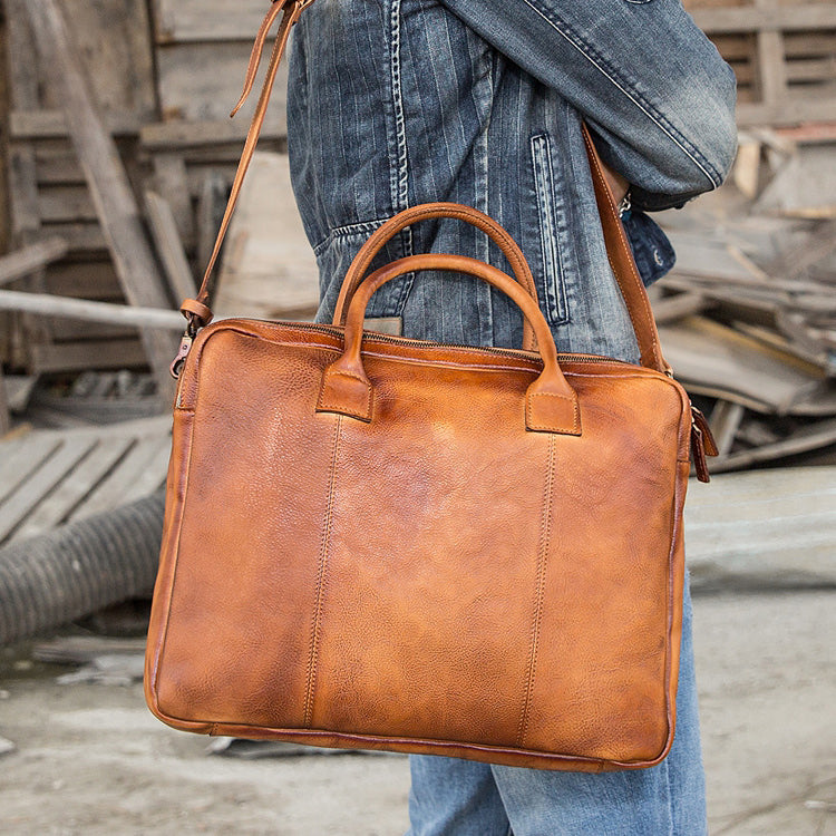 Vintage Brown Leather Mens 14 inches Briefcase Work Side Bag Brown Laptop Briefcase Business Bag for Men