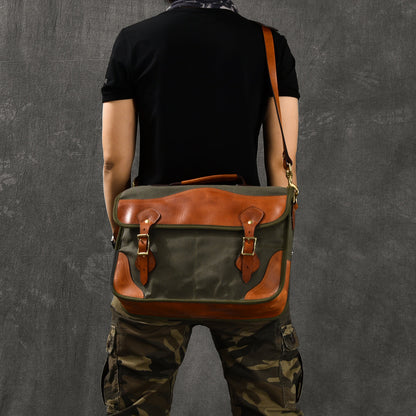 Canvas Leather Mens 14¡®¡¯ Army Green Briefcase Side Bag Retro Messenger Bag Shoulder Bag For Men