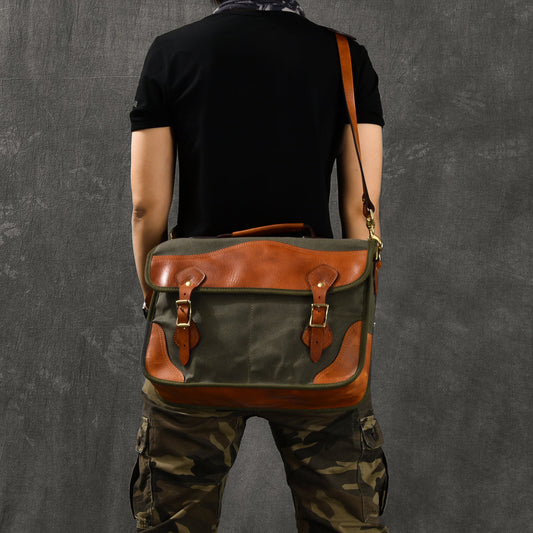 Canvas Leather Mens 14¡®¡¯ Army Green Briefcase Side Bag Retro Messenger Bag Shoulder Bag For Men