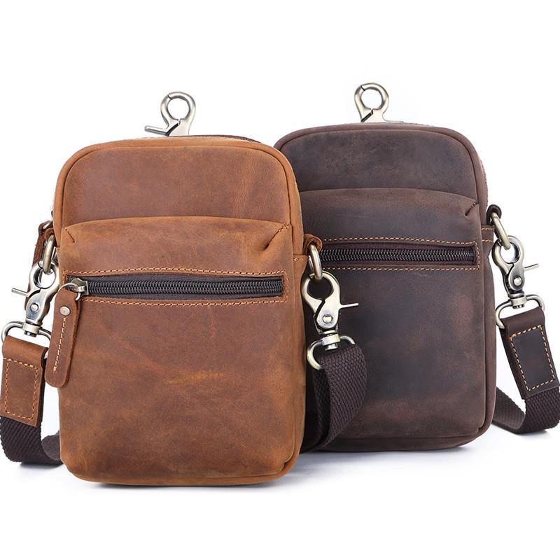 Brown Leather Small Waist Bag Belt Pouch Vertical Mini Shoulder Bag Belt Bag Side Bag For Men