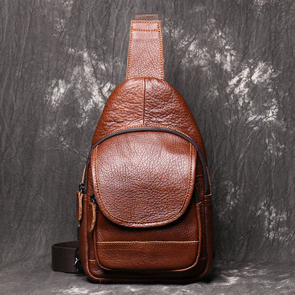 Brown Leather Men's Sling Bag Sling Pack Fashion Brown One shoulder Backpack For Men