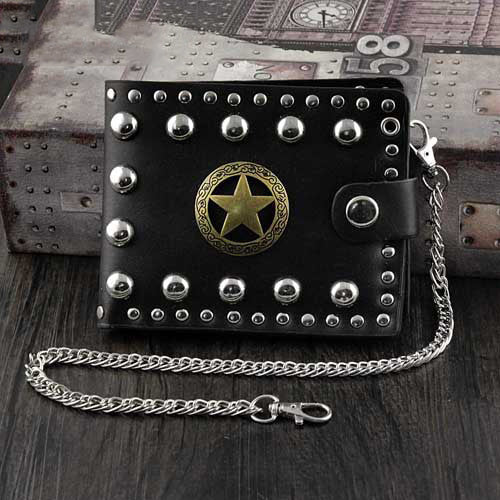 Punk Black Leather Men's Star Small Biker Wallet Chain Wallet Rock Rivet Black billfold Wallet with Chain For Men