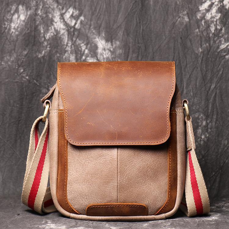 Simple Khaki Brown Leather Mens Vertical Side Bag Courier Bag Vertical Messenger Bag For Men