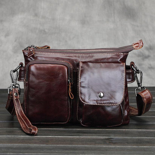 Leather Mens Small Messenger Bag Shoulder Bag Vintage Leather Wristlet Bag Purse for men