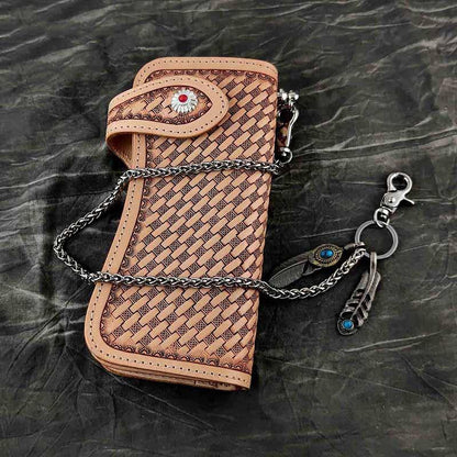 Handmade Beige Tooled Leather Men's Bifold Long Wallet Cool Biker Chain Wallet For Men