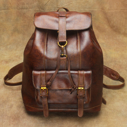 Vintage Lambskin Brown Leather Men's 14'' Laptop Backpack Black Satchel Backpack For Men