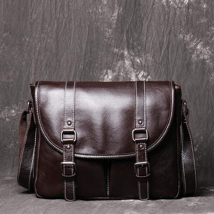 Dark Coffee Cool Leather 12 inches Small Satchel Messenger Bag Side Bag Brown Courier Bag For Men