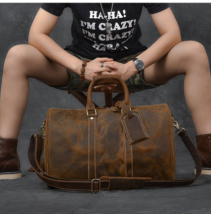 Retro Brown Leather Men's Business Overnight Bag Large Travel Bag Duffel Bag Weekender Bag For Men