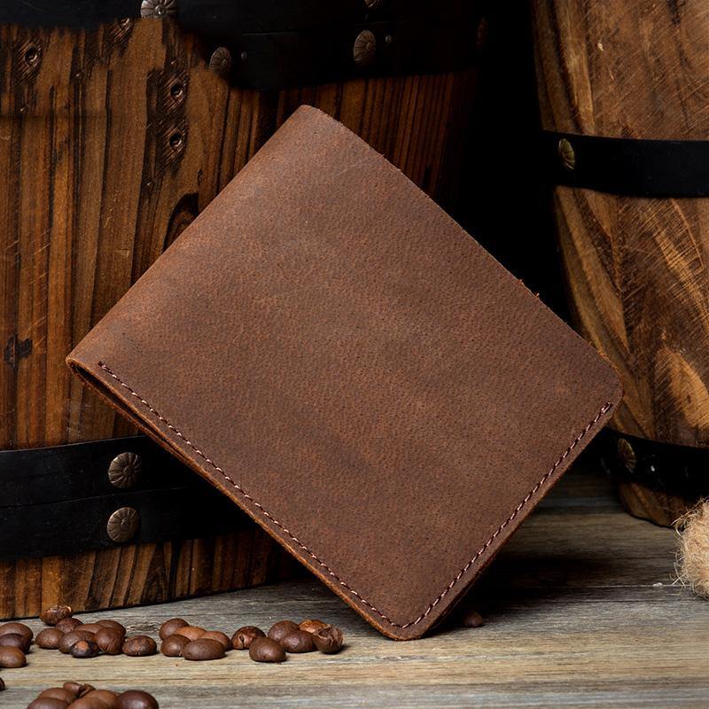 Brown Cool Leather Mens Bifold Small Wallet Thin Front Pocket Wallets Slim billfold Wallet for Men