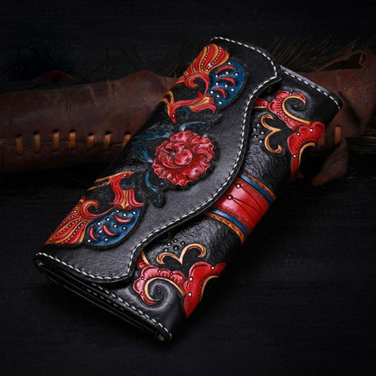 Handmade Leather Mens Womens Tooled Phoenix Clutch Wallet Cool Wallet Long Wallets for Men Women