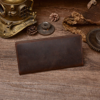 Brown Leather Men's Long Wallet Bifold Brown Slim Front Pocket Wallet For Men