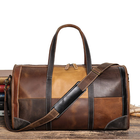 Leather Mens Travel Bag Color Blocks Weekender Bag Barrel Duffle Bag Overnight Bag for Men