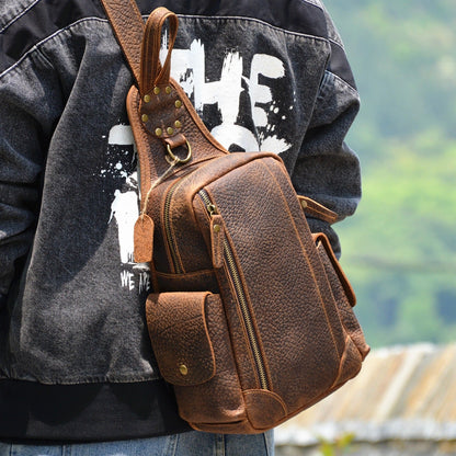 Brown Leather Men's Sling Bag Chest Bag Cool One shoulder Backpack For Men