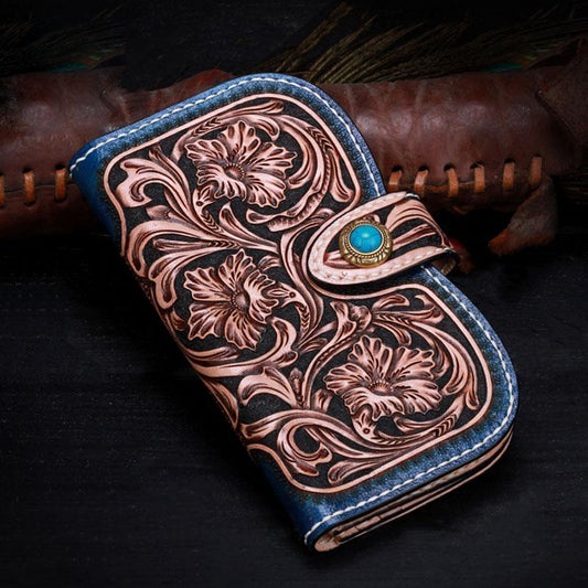 Handmade Leather Tooled Floral Mens Clutch Wallet Cool Wallet Long Wallets for Men Women