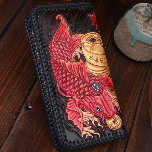 Handmade Leather Mens Clutch Wallet Tooled Cool Carp Wallet Long Zipper Wallets for Men