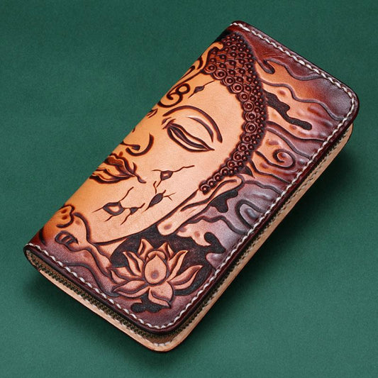 Handmade Leather Mens Clutch Wallet Cool Buddha&Demon Tooled Wallet Long Zipper Wallets for Men