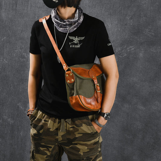 Canvas Leather Mens Womens Army Green Saddle Side Bag Messenger Bag Small Shoulder Bag For Men