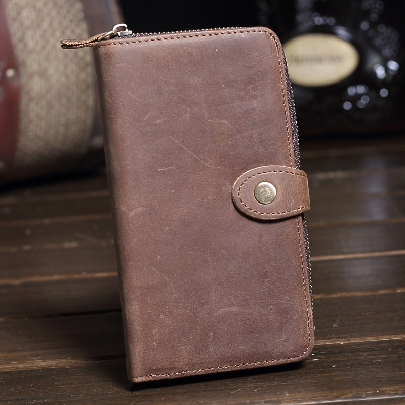 Vintage Brown Leather Men's Bifold Long Wallet Cool Zipper Long Wallet Clutch For Men