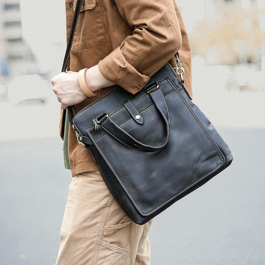 Vintage Black Mens Leather Vertical Briefcases Work Handbag Brown 10'' Computer Briefcases For Men