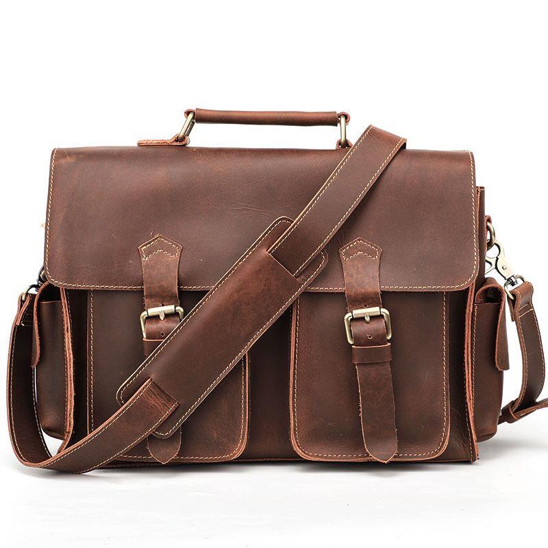 Vintage Dark Brown Leather Mens 14 inches Briefcase Work Shoulder Briefcase Handbags For Men